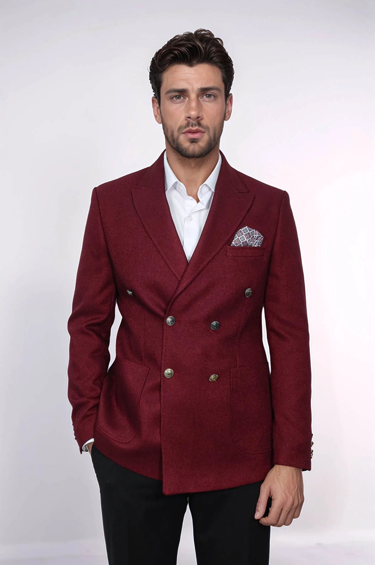 Mens Burgundy Slim Fit Blazer – Sharp Double Breasted Design - 36 Short