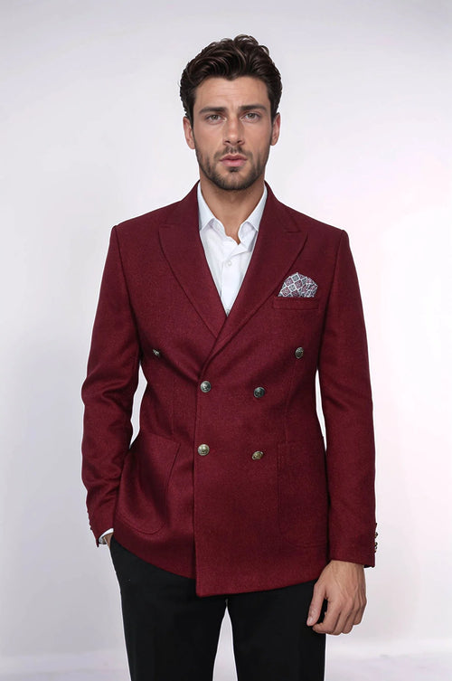 Mens Burgundy Slim Fit Blazer Sharp Double Breasted Design