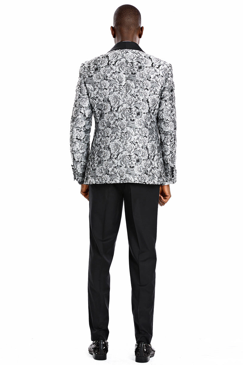 "Silver Men's Slim Fit Paisley Floral Prom 2025 Tuxedo - One Button Vested" - 34 Short