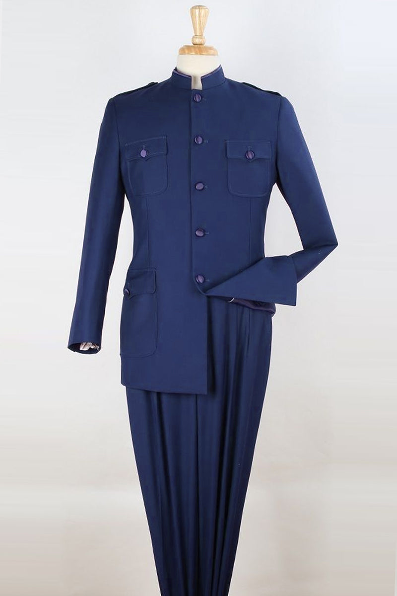 "Navy Men's Safari Suit - Five Button Military Inspired Mandarin Banded"