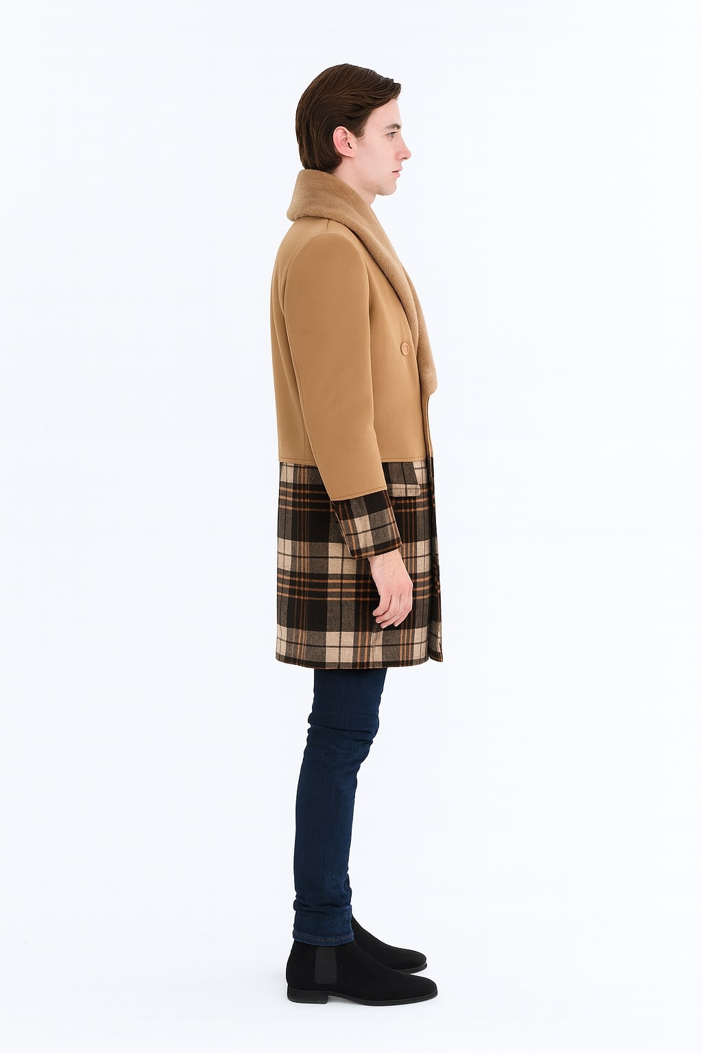 Mens Camel Brown Shawl Collar Overcoat with Plaid Wool Bottom – Double-Breasted Winter Topcoat With Fur Collar - Coat Size 38