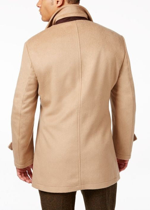 Camel Double-Breasted Wool-Blend Peacoat with Knit Bib