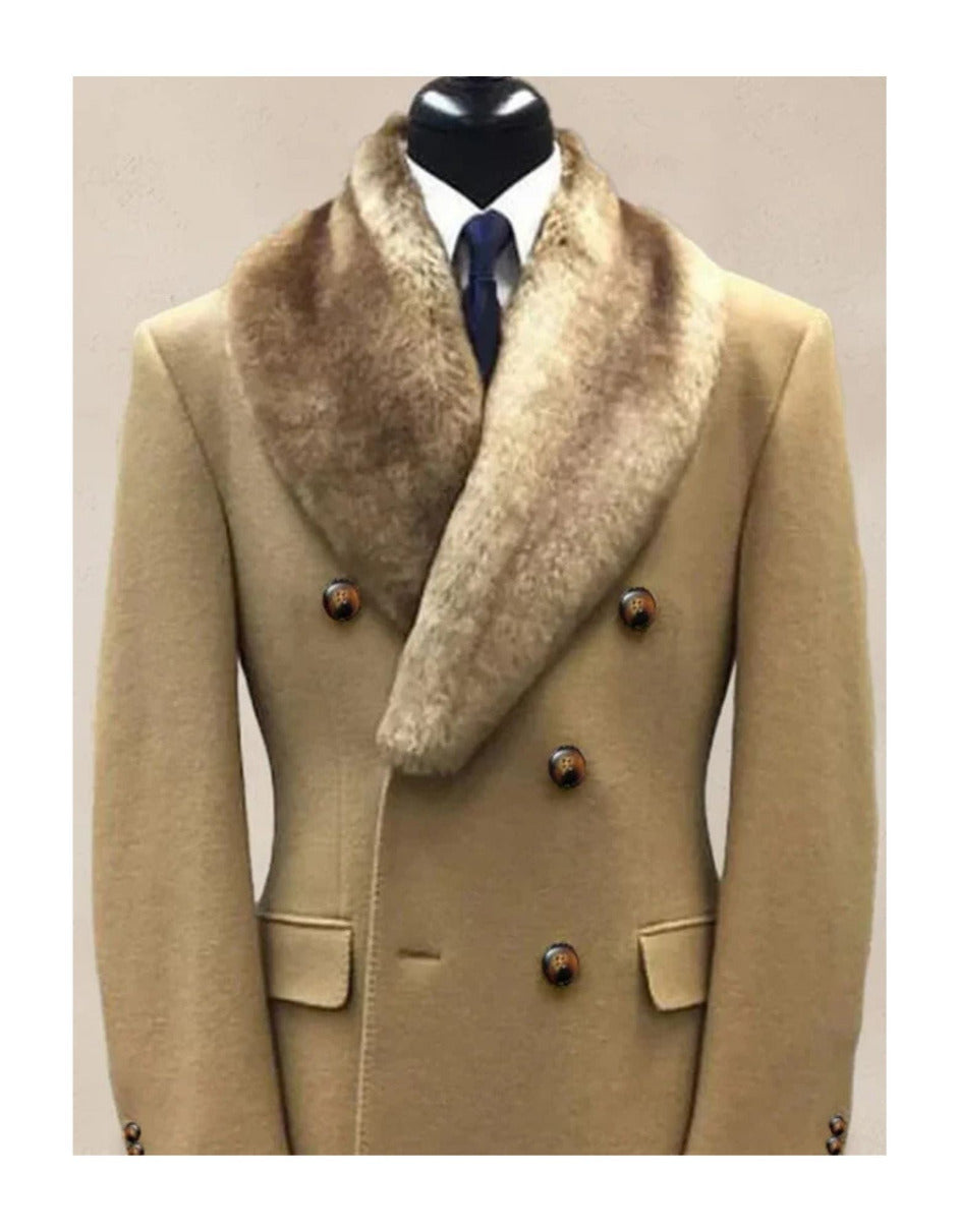 Camel Hair Overcoat - Peacoat With Fur Collar - Double Breasted Wool And Cashmere Alberto Nardoni Coat - New Arrival - Coat Size 28