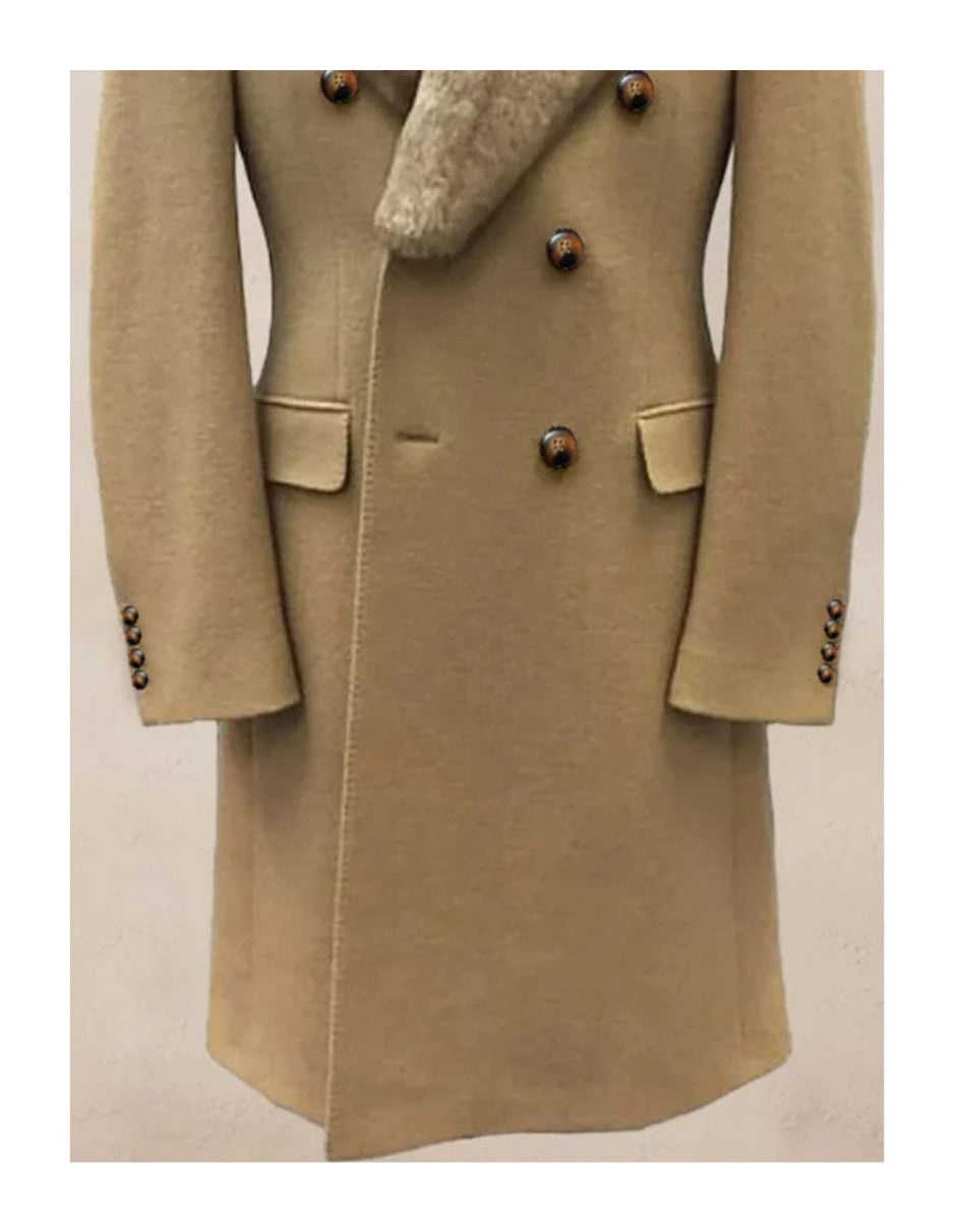 Camel Hair Overcoat - Peacoat With Fur Collar - Double Breasted Wool And Cashmere Alberto Nardoni Coat - New Arrival - Coat Size 28