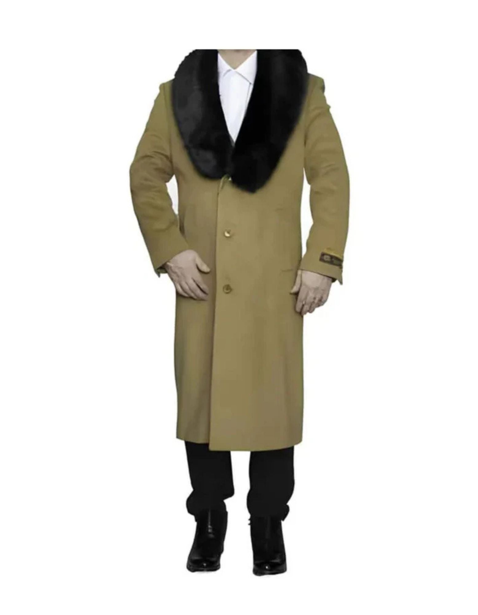 Removable Fur Collar Ankle length Wool Top Coat/Overcoat Camel | Winter men's Topcoat Sale - Coat Size 38