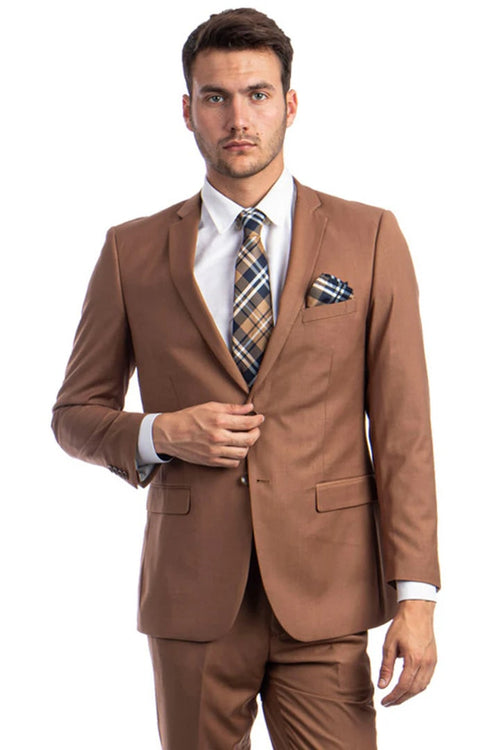Cheap Priced Suit - Men's Basic 2 Button Slim Fit Wedding Cognac Suit
