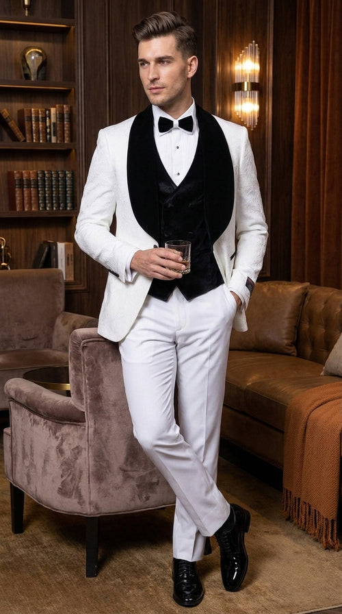 Gianni Men’s White 3 Piece Tuxedo with Black Velvet Lapel, Tailored Fit Formal Wedding Prom Suit