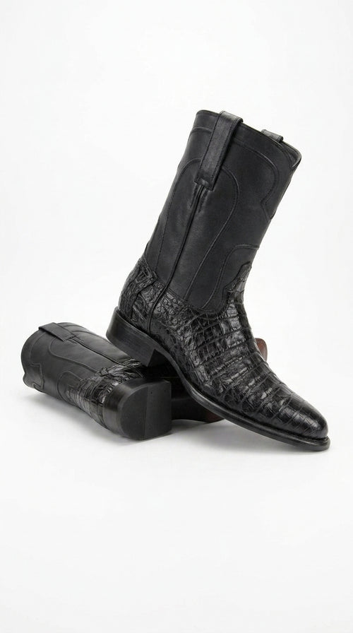 Men’s Black Caiman Belly Roper Boots, Exotic Western Cowboy Dress Boots