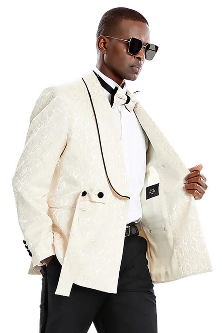 Cheap Priced Suit - Men's Slim Fit Double Breasted Smoking Jacket Prom 2025 & Wedding Champagne Tuxedo Paisley Champagne Prom 2025 Suits - 38 Short Jacket+32 Waist Adjustable 28to34)(Height: 5 4 to5 7 )(Neck  15-16.5)S-M)
