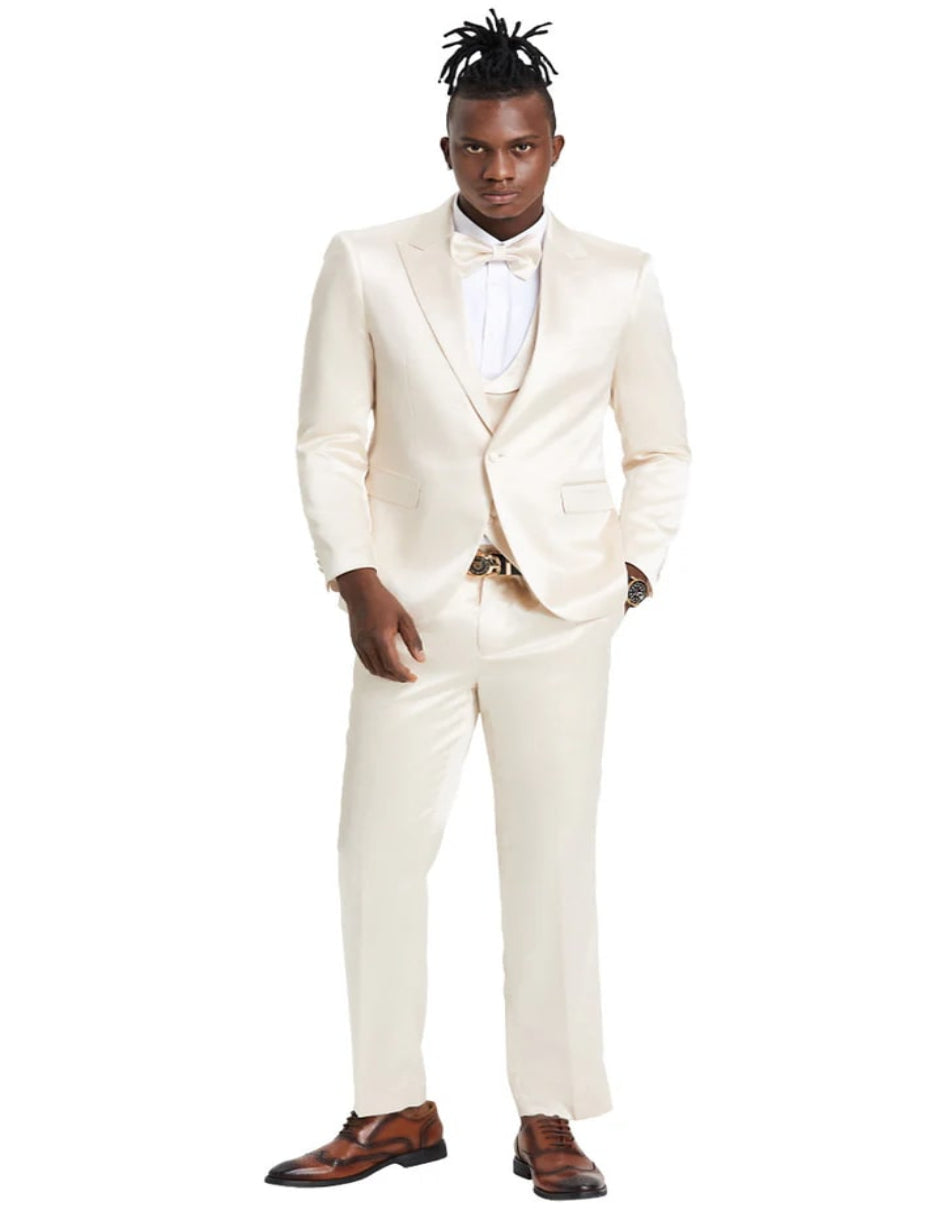 Nude Color Suit -  Nude Tuxedo Light Color - Men's One Button Vested Shiny Satin Sharkskin Prom & Wedding Party Champagne Suit - 38 Short Jacket+32 Waist Adjustable 28to34)(Height: 5 4 to5 7 )(Neck  15-16.5)S-M)