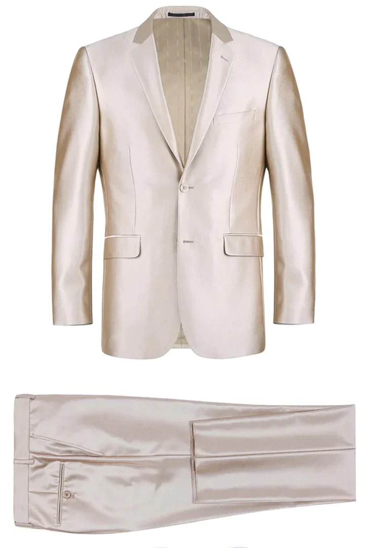 Cheap Suit - Mens Basic Two Button Slim Fit Suit With Optional Vest In Shiny Champagne Tan Sharkskin - 38 Short Jacket+32 Waist Adjustable 28to34)(Height: 5 4 to5 7 )(Neck 15-16.5)S-M)