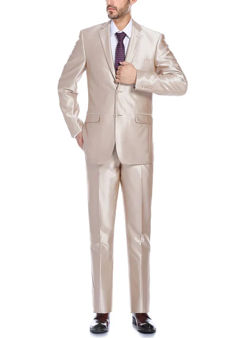 Cheap Priced Suit - Mens Basic Two Button Classic Fit Suit With Optional Vest In Shiny Champagne Tan Sharkskin - 38 Short Jacket+32 Waist Adjustable 28to34)(Height: 5 4 to5 7 )(Neck 15-16.5)S-M)