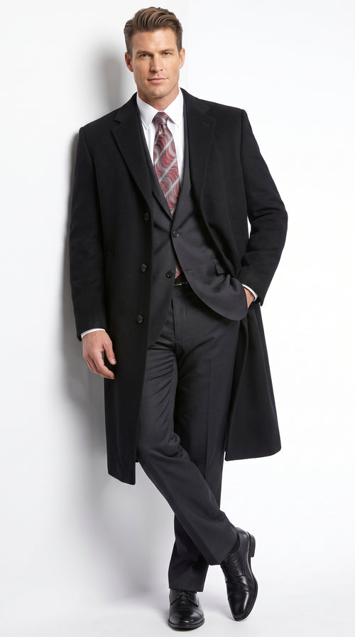 Men’s Black Wool and Cashmere Full Length Overcoat, Luxury Formal Dress Coat