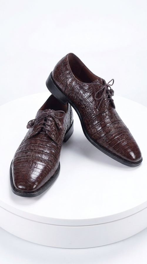Men’s Original Exotic Caiman Belly Skin Shoes ZV098207, Brown Lace-Up Formal Dress Shoes