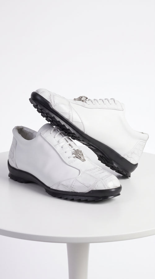 Men’s White Ostrich Leg Leather Sneaker LAB-ZC091928, Exotic Lace-Up Casual Dress Shoes