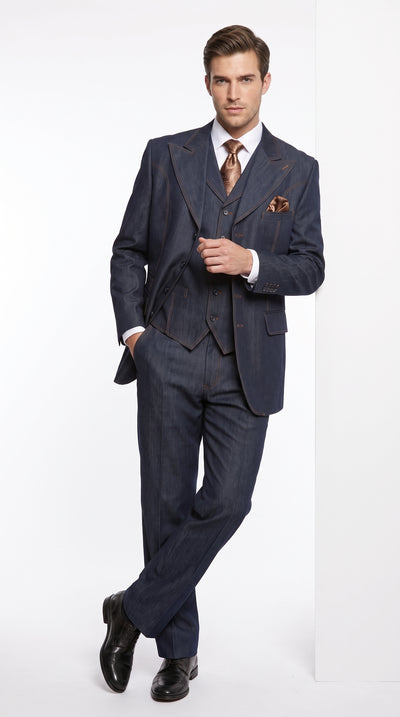 Men’s Navy Blue Denim 3 Piece Suit, Vested 4 Button Wide Peak Lapel Dress Suit