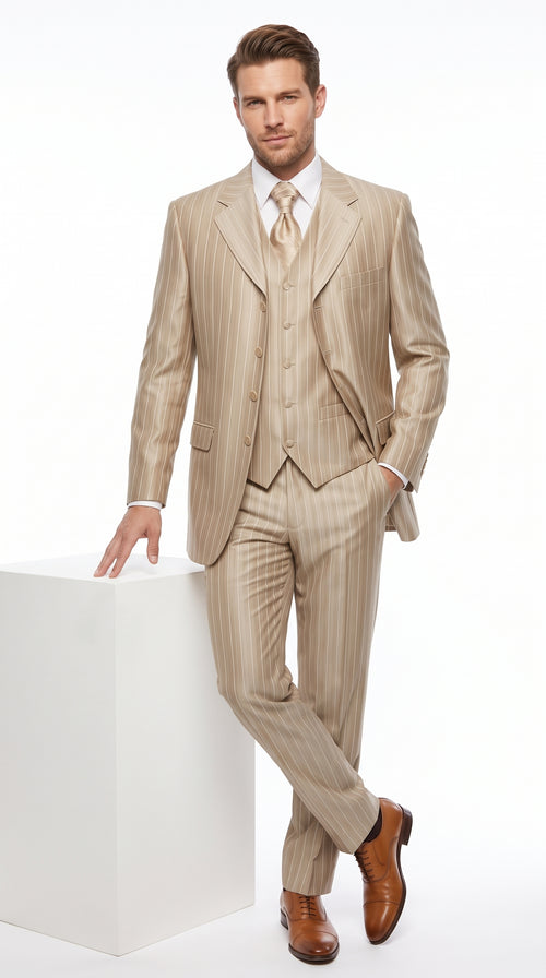 Men’s Champagne Gold Zoot Suit, 1920s Harlem Gangster Tan Stripe Fortino 2911V Vested Suit