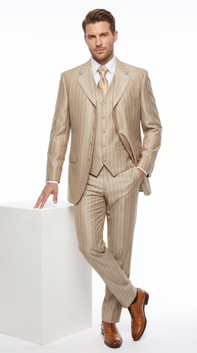 Men’s Champagne Gold Zoot Suit, 1920s Harlem Gangster Tan Stripe Fortino 2911V Vested Suit