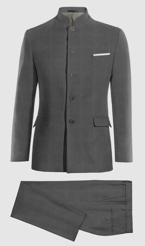 Mandarin Suit - Charcoal Grey Color Banded Collar Suit - Chines Collar in Color Gray - Coat Size 38