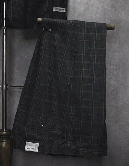 Mens Three Button Notch Lapel Plaid Pattern Suit Charcoal