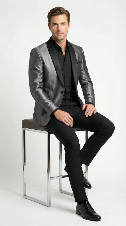 Mens Shiny Charcoal Grey Blazer Sharkskin Dinner Jacket Shawl Collar