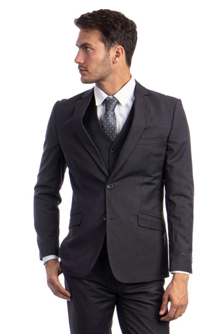 Cheap Priced Suit - Men's Two Button Basic Hybrid Fit Vested Charcoal Suit