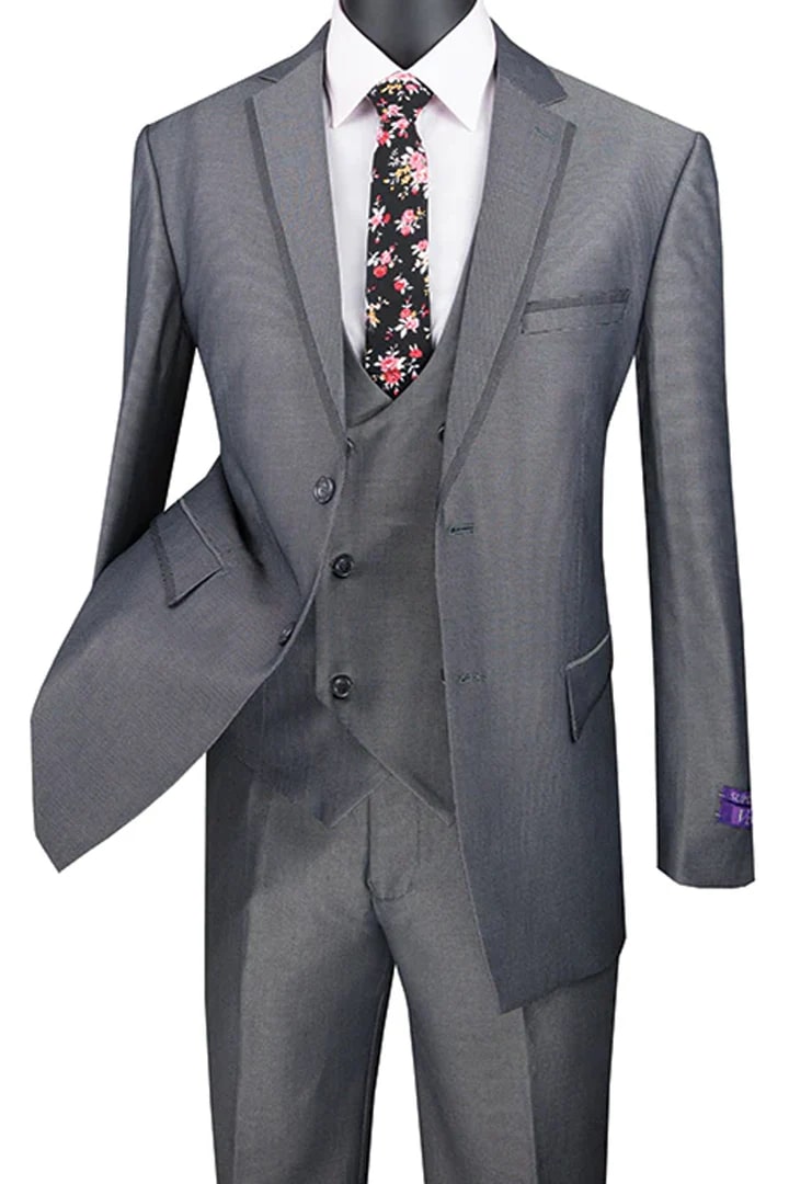 Cheap Priced Suit - Men's Modern Fit Tuxedo Charcoal Suit With Double Breasted Vest And Satin Trim - 38 Short Jacket+32 Waist Adjustable 28to34)(Height: 5 4 to5 7 )(Neck 15-16.5)S-M)