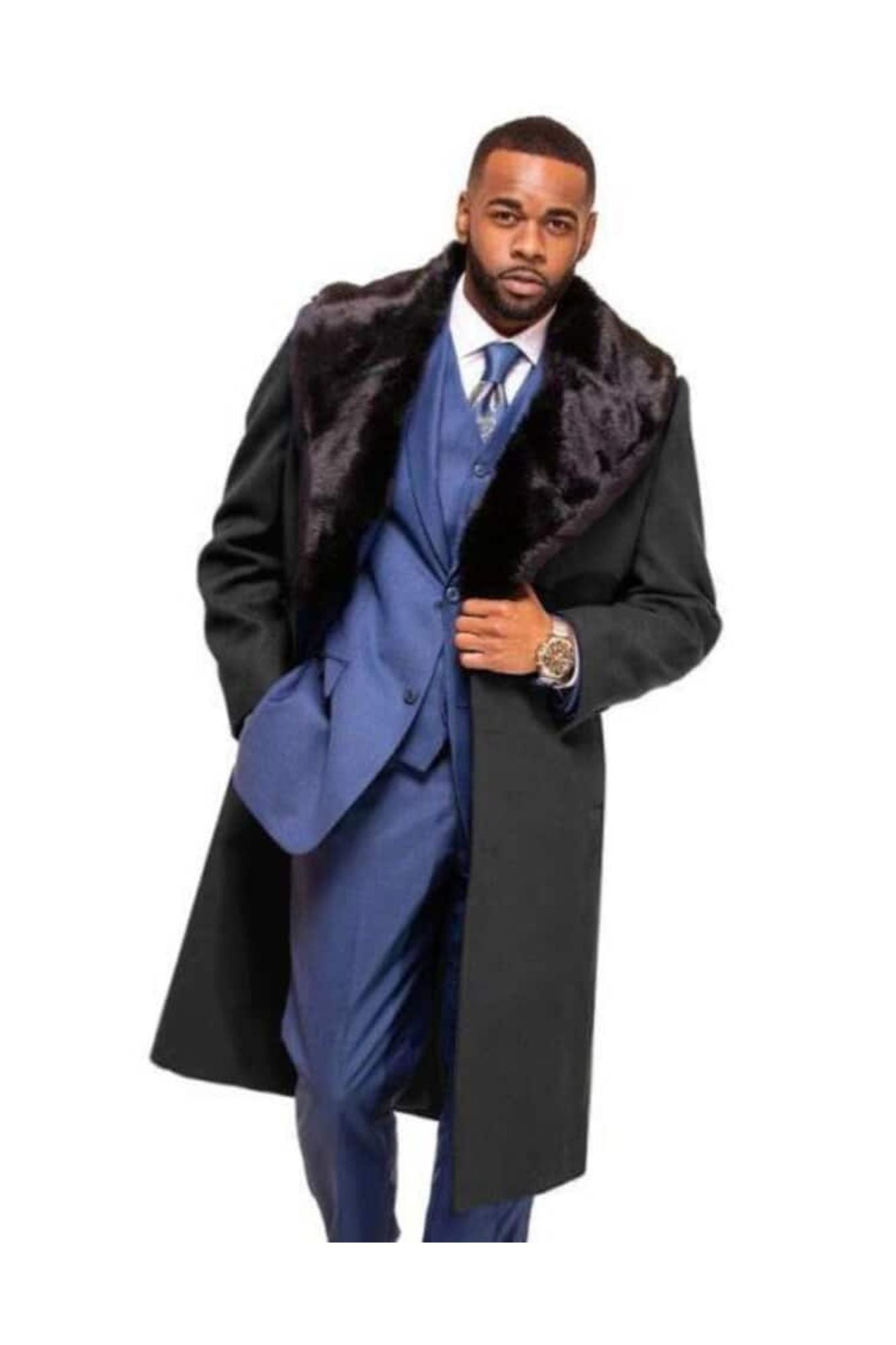 Men's Charcoal Grey Overcoat ~ Long Dress Topcoat Winter Coat With Fur Collar And Wool Fabric Size 38 Men's Charcoal Grey Overcoat ~ Long Dress Topcoat Winter Coat With Fur Collar And Wool Fabric Size 38