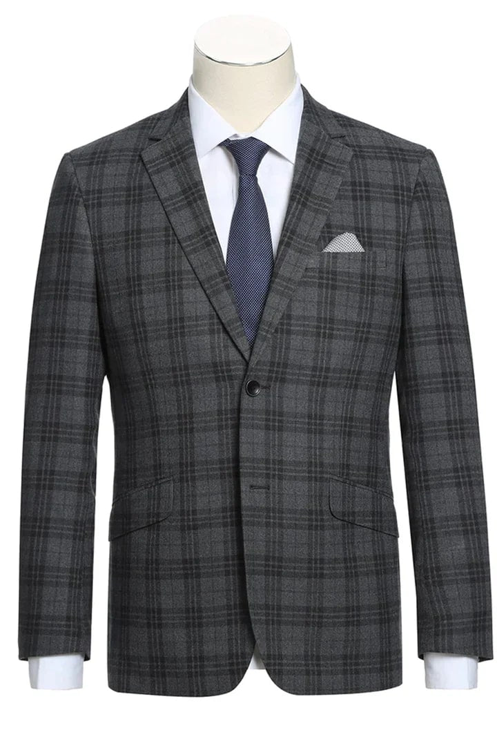 Cheap priced Suit- Mens Two Button Slim Fit Two Piece Hack Pocket Stretch Charcoal Grey Suit Windowpane Plaid