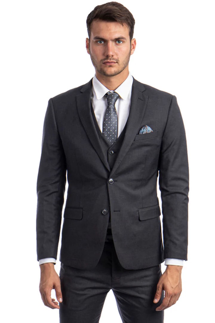 Cheap Priced Suit - Men's Two Button Slim Fit Vested Solid Basic Color Charcoal Grey Suit
