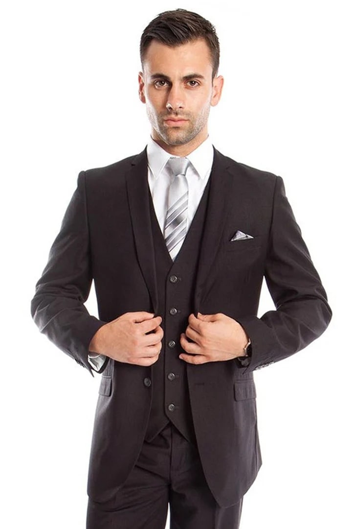 Cheap Priced Suit- Men's Two Button Slim Fit Basic Vested Wedding Charcoal Grey Suit