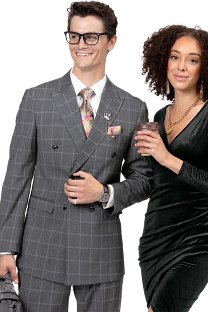 Cheap priced Suit - Mens Classic Double Breasted Pleated Pant Suit In Charcoal Grey Windowpane Plaid