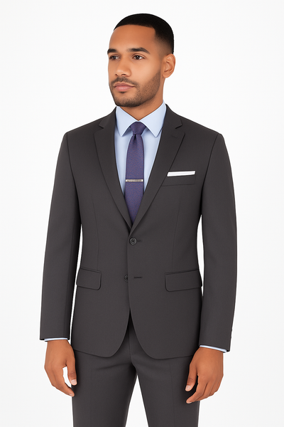 Charcoal gray stretch fabric suit for men – slim fit design