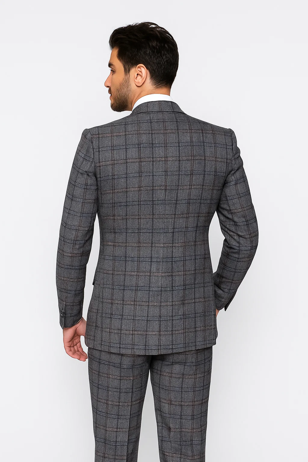 Suits With Baggy Pleated Pants - Wide Leg Pants 100% Wool - Classic Fit in Color Charcoal with Blue Plaid by Rossiman - 38 Regular