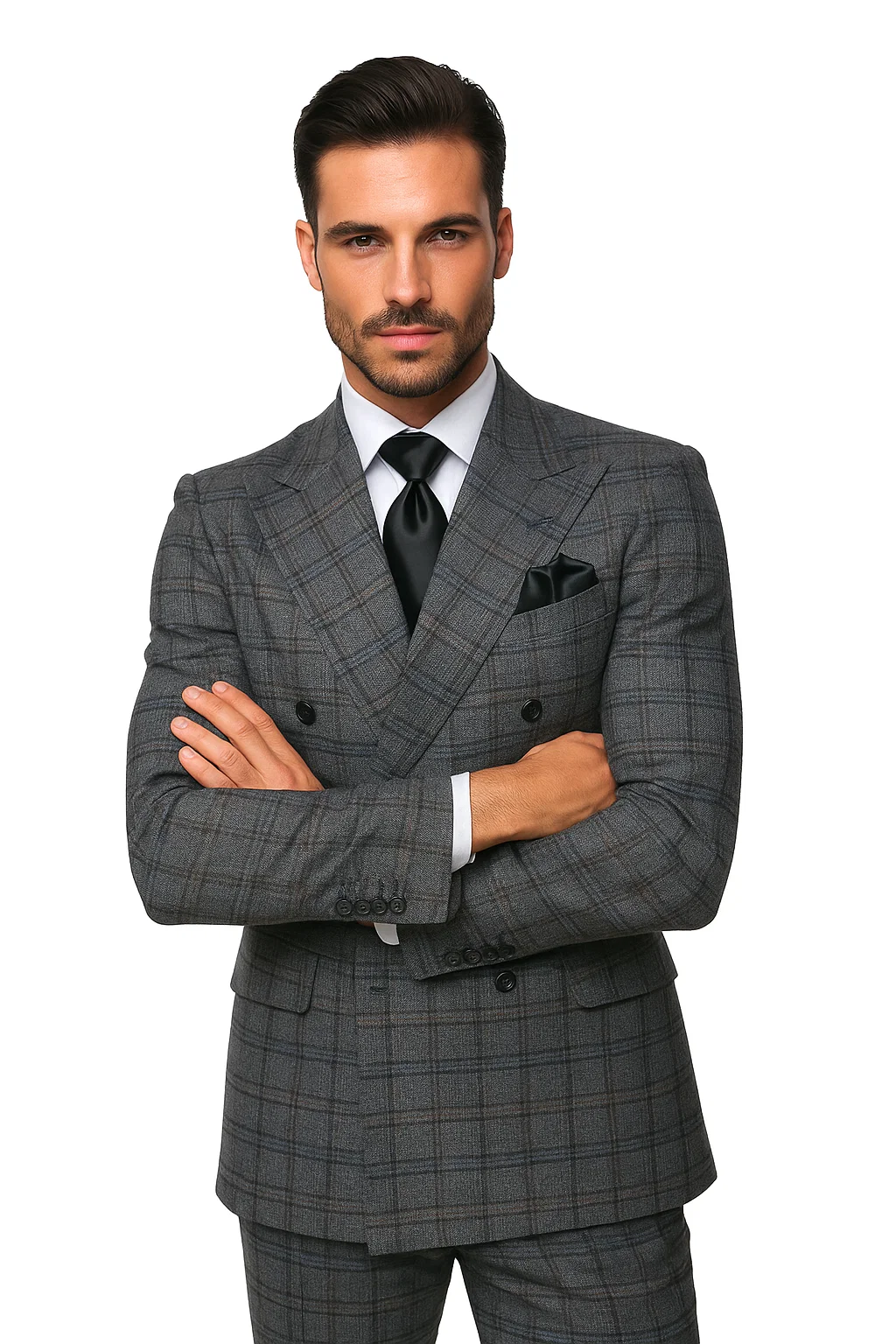 Suits With Baggy Pleated Pants - Wide Leg Pants 100% Wool - Classic Fit in Color Charcoal with Blue Plaid by Rossiman - 38 Regular