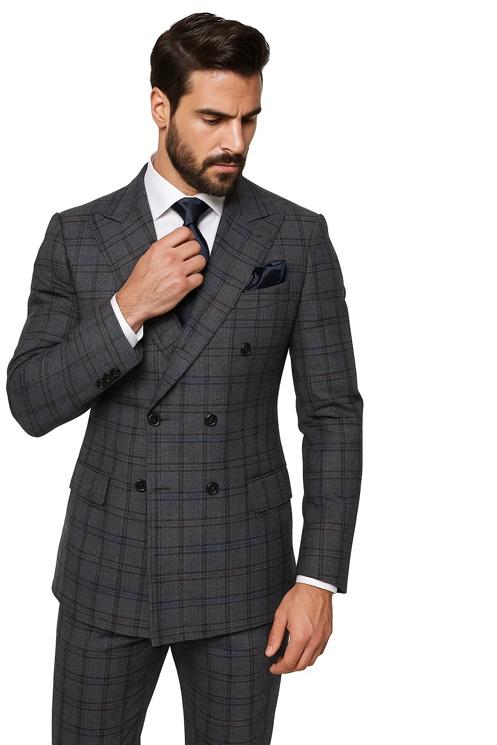 Suits With Baggy Pleated Pants - Wide Leg Pants 100% Wool - Classic Fit in Color Charcoal with Blue Plaid by Rossiman - 38 Regular