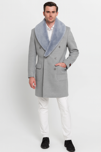 Mens Light Grey Double Breasted Overcoat with Faux Fur Shawl Collar – Winter Luxury Coat Wool Fabric