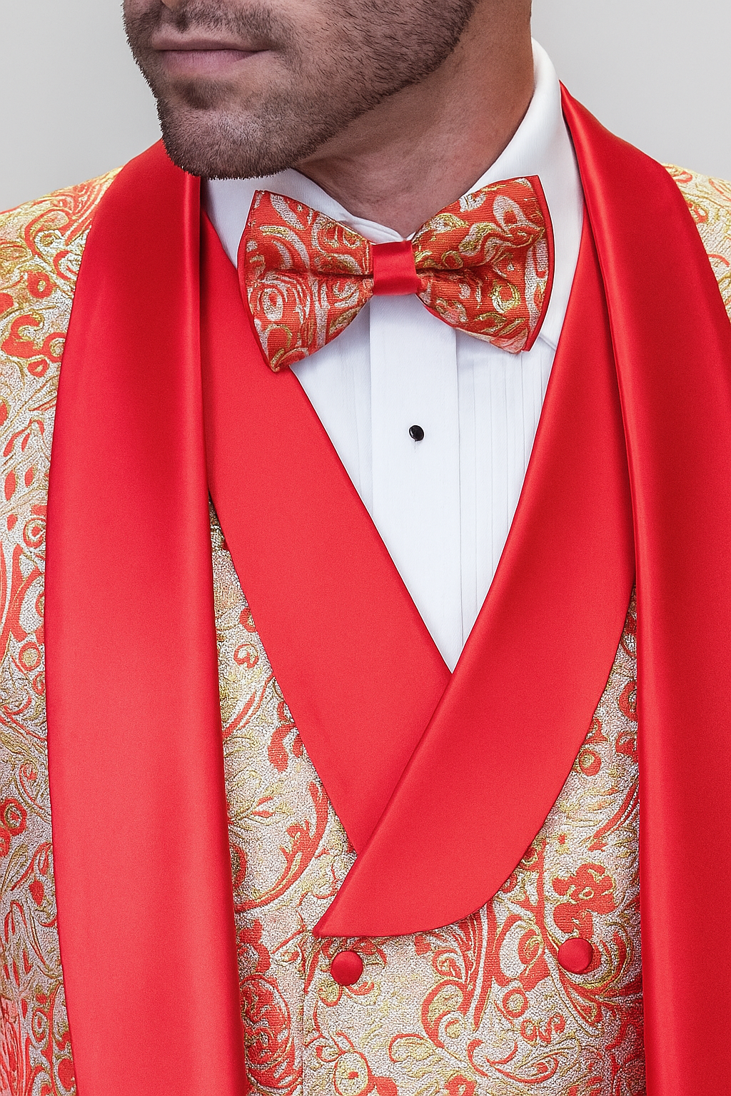 Coral Orange Men's Shiny Paisley Wedding Tuxedo with Double Breasted Vest & Satin Pants - 38 Short