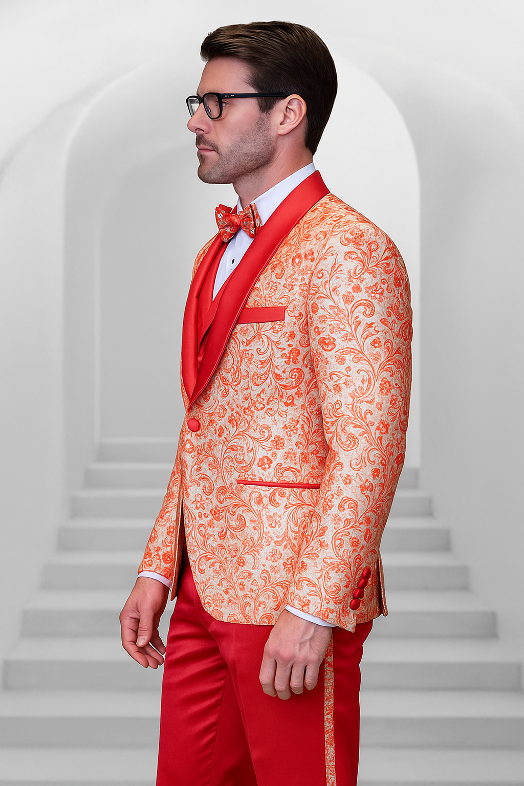 Coral Orange Men's Shiny Paisley Wedding Tuxedo with Double Breasted Vest & Satin Pants - 38 Short