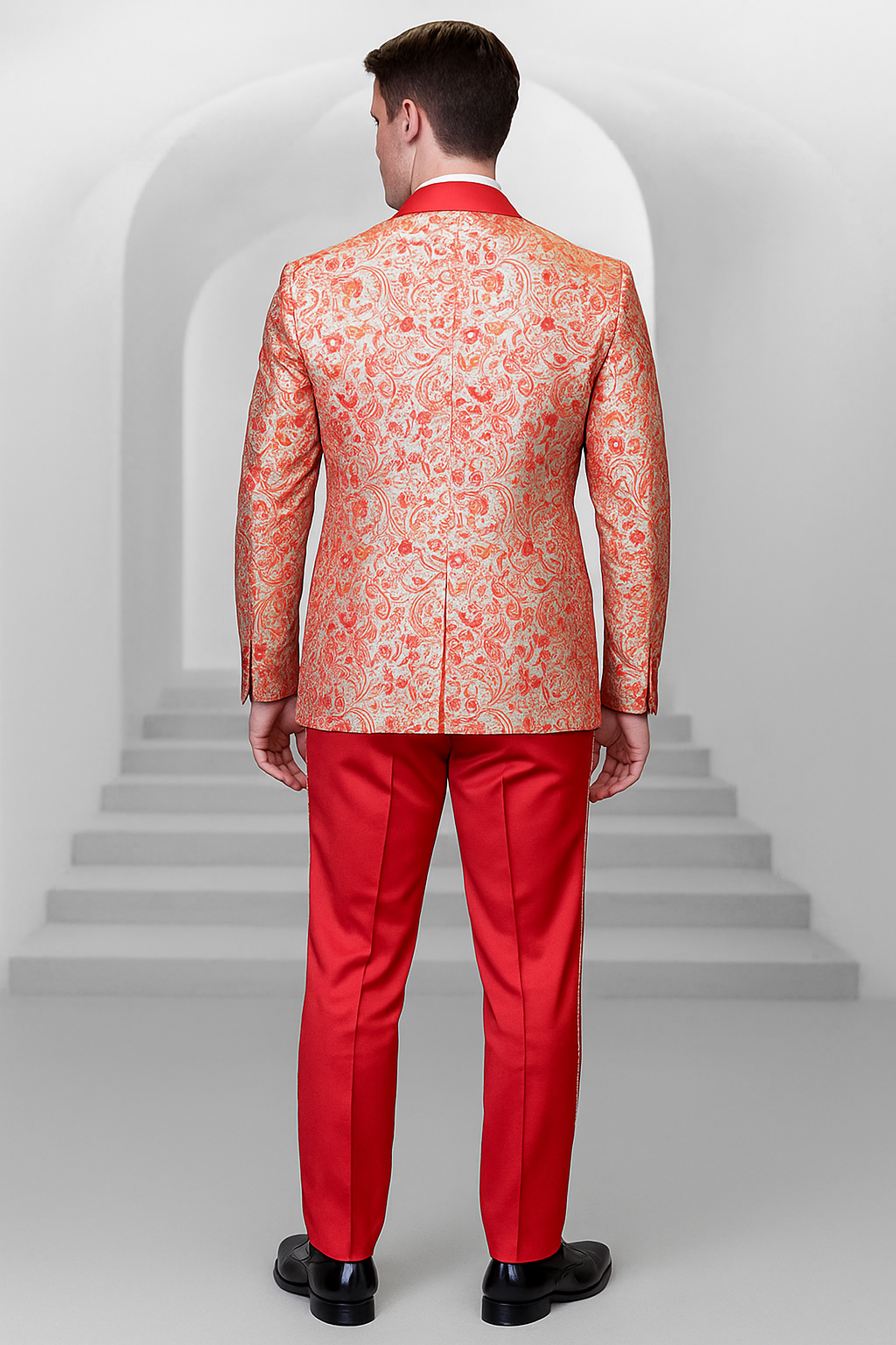 Coral Orange Men's Shiny Paisley Wedding Tuxedo with Double Breasted Vest & Satin Pants - 38 Short