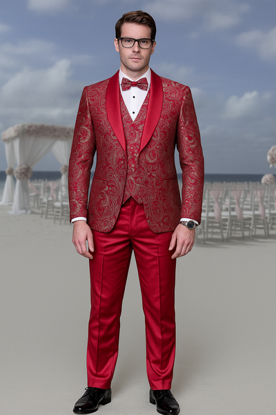 Mens Red Paisley Brocade Prom Tuxedo with Vested Double Breasted Suit - Wedding Ready