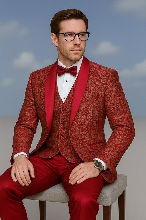 Mens Red Paisley Brocade Prom Tuxedo with Vested Double Breasted Suit - Wedding Ready
