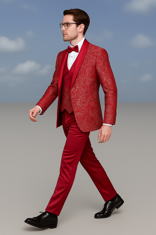 Mens Red Paisley Brocade Prom Tuxedo with Vested Double Breasted Suit - Wedding Ready