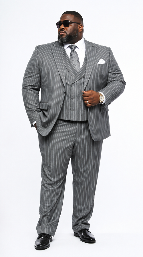 Men’s Grey Pinstripe Gangster Suit – 3 Piece 2 Button Suit with Double Breasted Vest, Vintage Formal Outfit