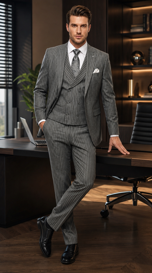 Men’s Grey Pinstripe Gangster Suit – 3 Piece 2 Button Suit with Double Breasted Vest, Vintage Formal Outfit