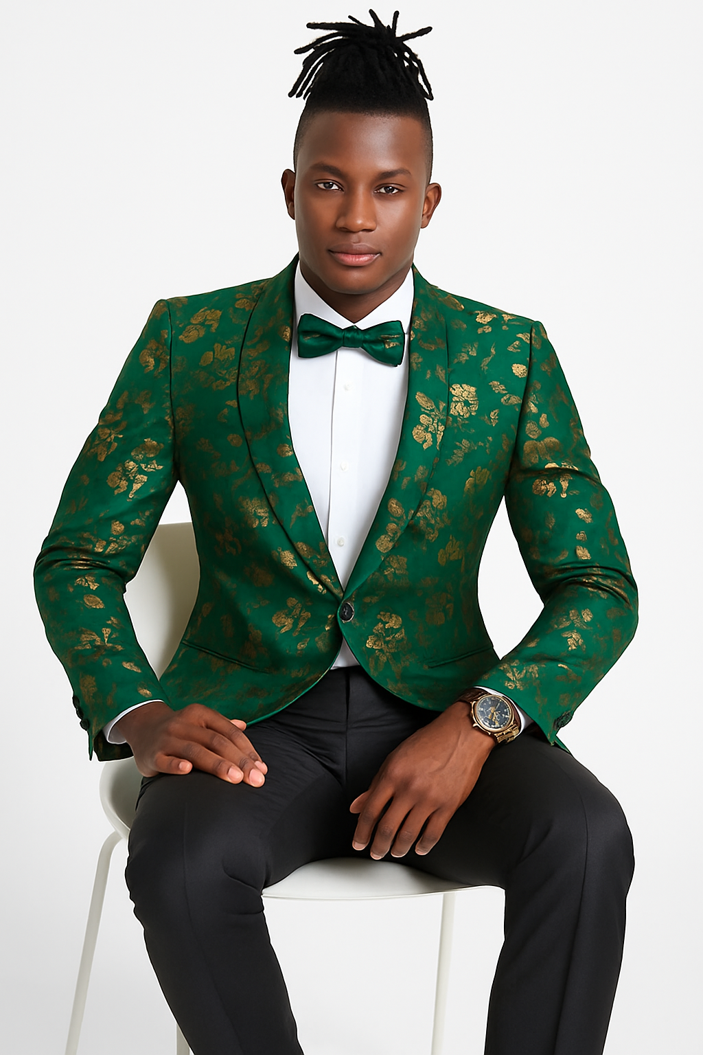 Men's slim fit hunter green and gold paisley prom and wedding tuxedo jacket - Large