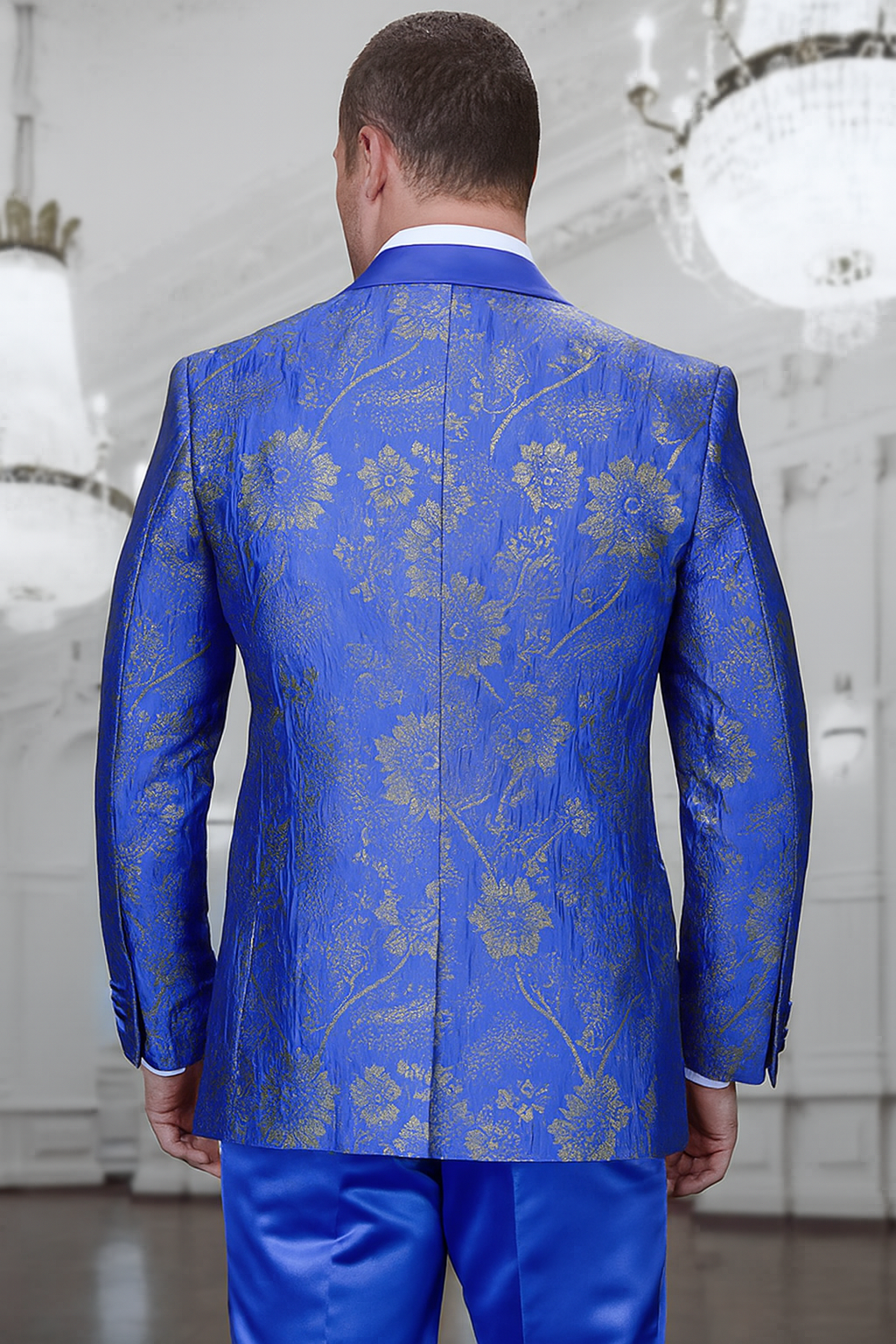 Men's royal blue paisley lace print tuxedo with double breasted vest – prom & wedding suit - 38 Short