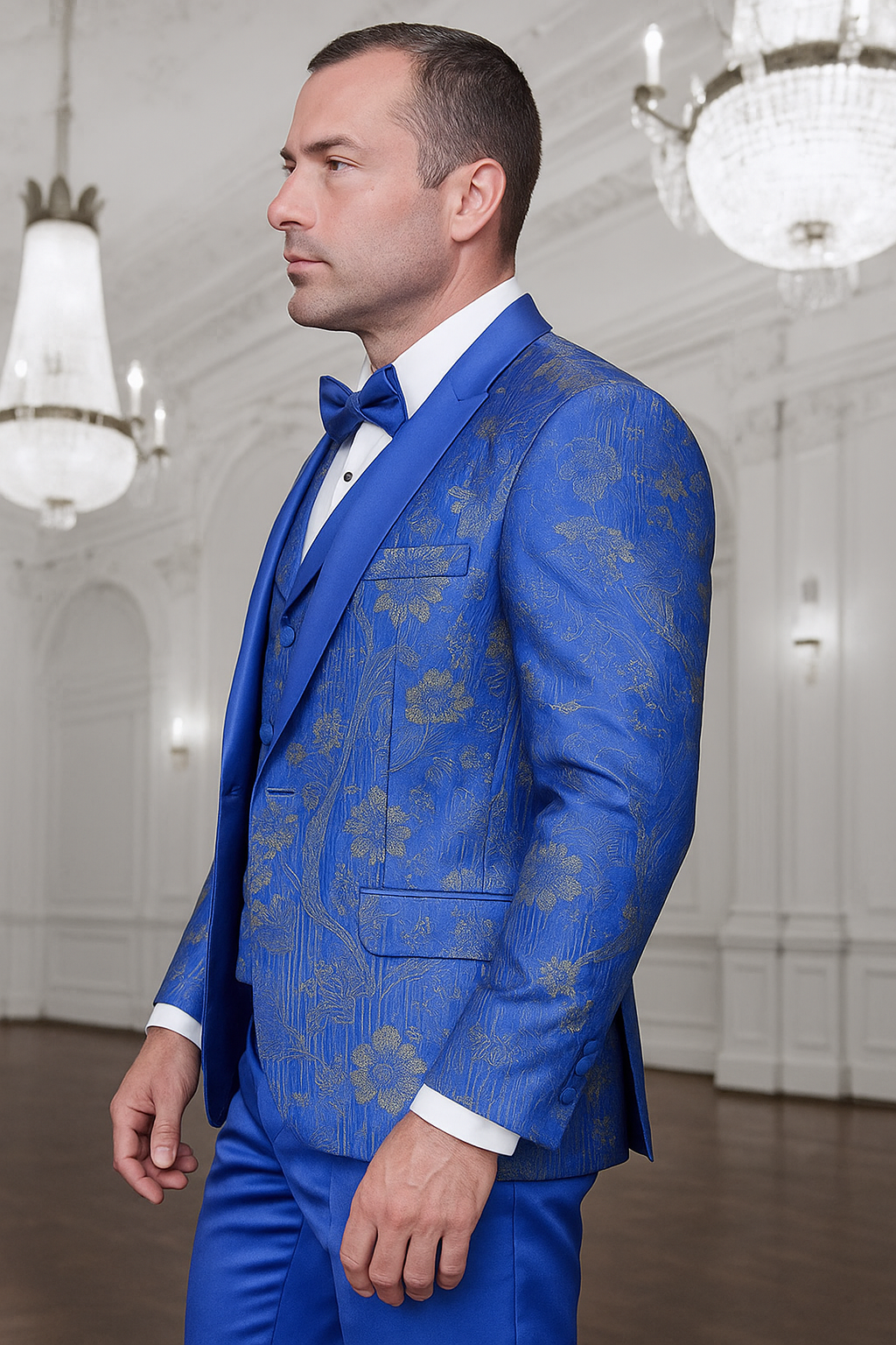 Men's royal blue paisley lace print tuxedo with double breasted vest – prom & wedding suit - 38 Short