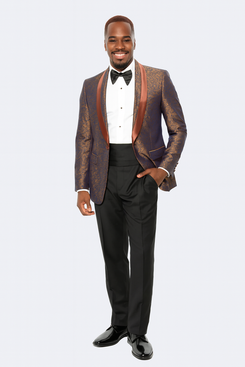 Mens Brown Paisley Tuxedo with Brown Satin Lapel and Black Pants Formal Wedding Suit with Chain Brooch-New Designer Collection