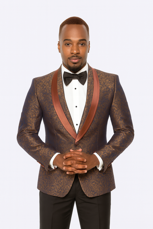 Mens Brown Paisley Tuxedo with Brown Satin Lapel and Black Pants Formal Wedding Suit with Chain Brooch-New Designer Collection